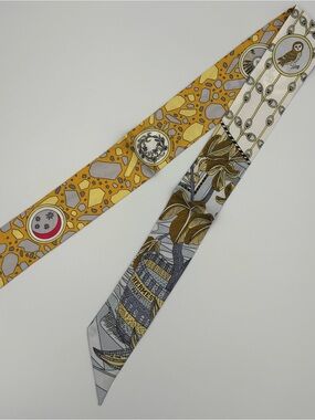 Hermes La Danse des Amazones Twilly Gris White Gold Silk Scarf